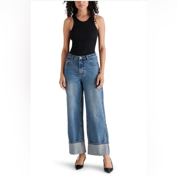 NWT Steve Madden Retro Noelie High Rise Wide Legged Cuffed Denim Trousers Size M - Picture 1 of 11